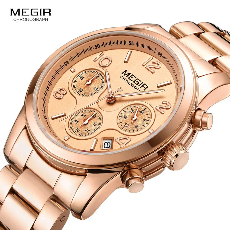 Megir Women’s Luxury Rose Gold Chronograph Watch – Premium Quartz Wristwatch