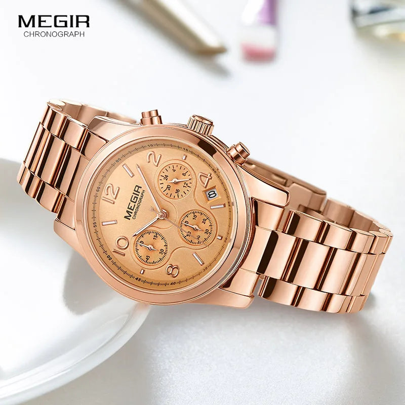 Megir Women’s Luxury Rose Gold Chronograph Watch – Premium Quartz Wristwatch