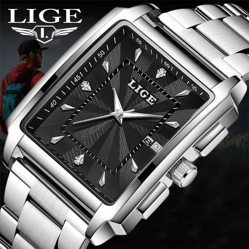 ⌚ LIGE Men’s Square Luxury Watch – Military Style, Waterproof Quartz Chronograph