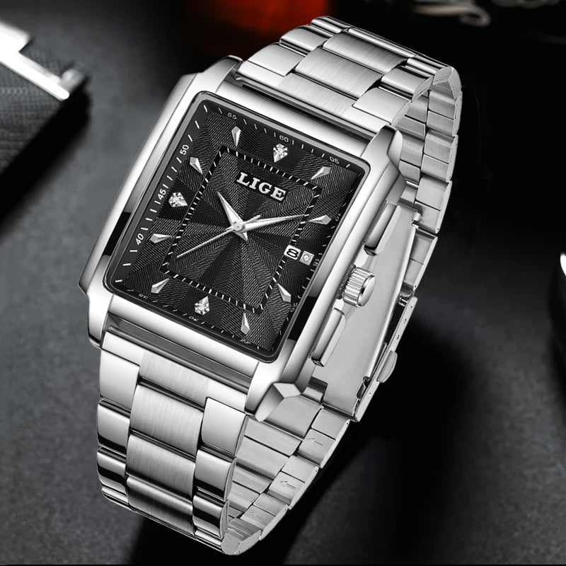 ⌚ LIGE Men’s Square Luxury Watch – Military Style, Waterproof Quartz Chronograph