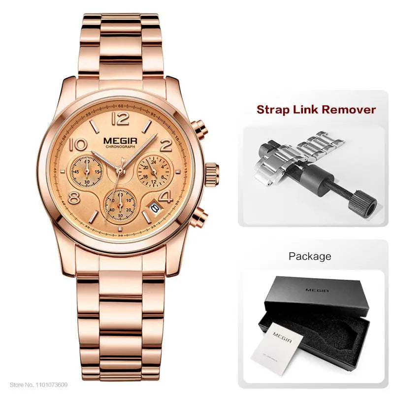 Megir Women’s Luxury Rose Gold Chronograph Watch – Premium Quartz Wristwatch