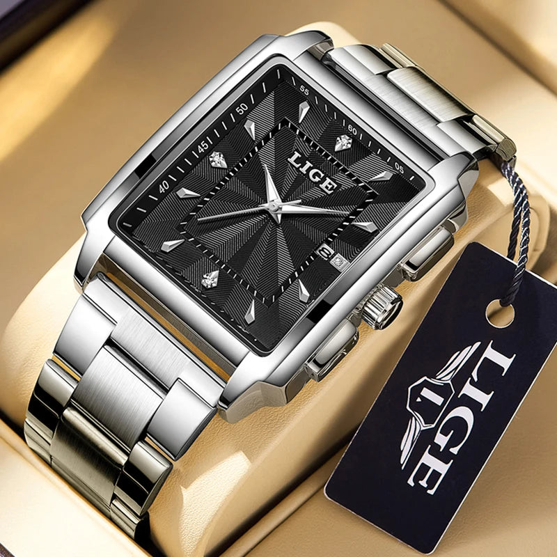 ⌚ LIGE Men’s Square Luxury Watch – Military Style, Waterproof Quartz Chronograph