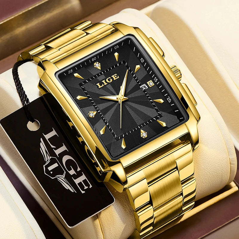 ⌚ LIGE Men’s Square Luxury Watch – Military Style, Waterproof Quartz Chronograph