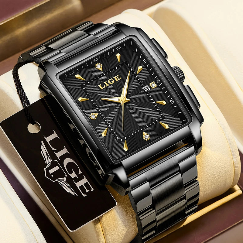 ⌚ LIGE Men’s Square Luxury Watch – Military Style, Waterproof Quartz Chronograph