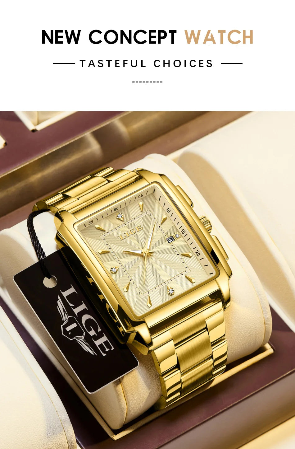 ⌚ LIGE Men’s Square Luxury Watch – Military Style, Waterproof Quartz Chronograph
