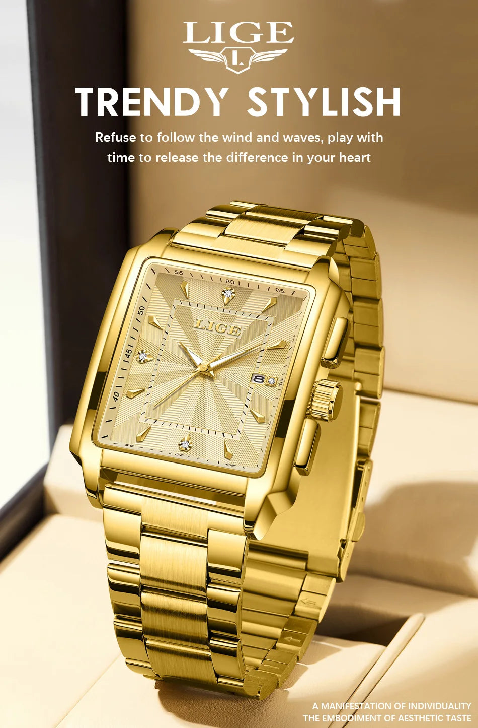 ⌚ LIGE Men’s Square Luxury Watch – Military Style, Waterproof Quartz Chronograph