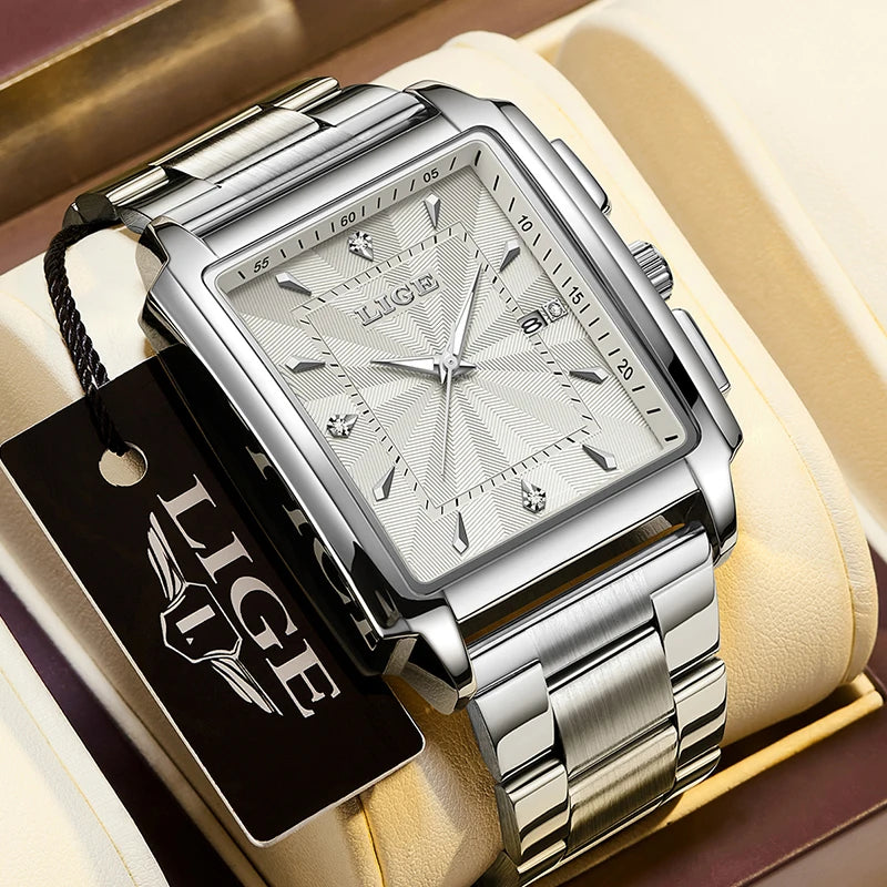 ⌚ LIGE Men’s Square Luxury Watch – Military Style, Waterproof Quartz Chronograph