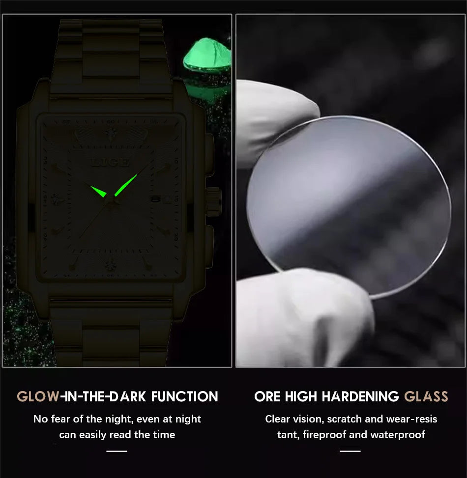 ⌚ LIGE Men’s Square Luxury Watch – Military Style, Waterproof Quartz Chronograph