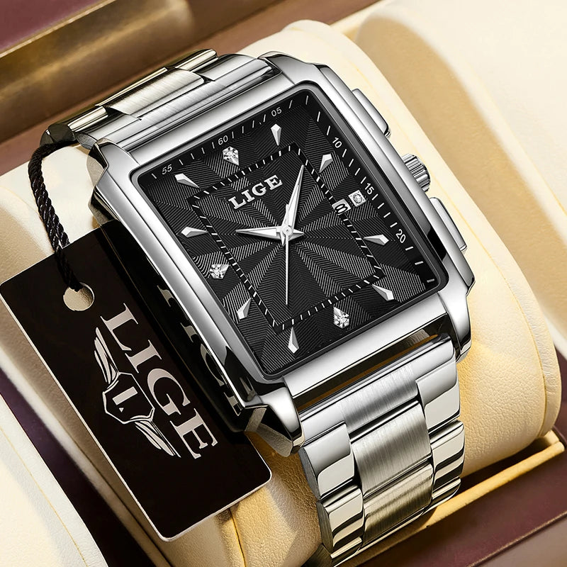 ⌚ LIGE Men’s Square Luxury Watch – Military Style, Waterproof Quartz Chronograph