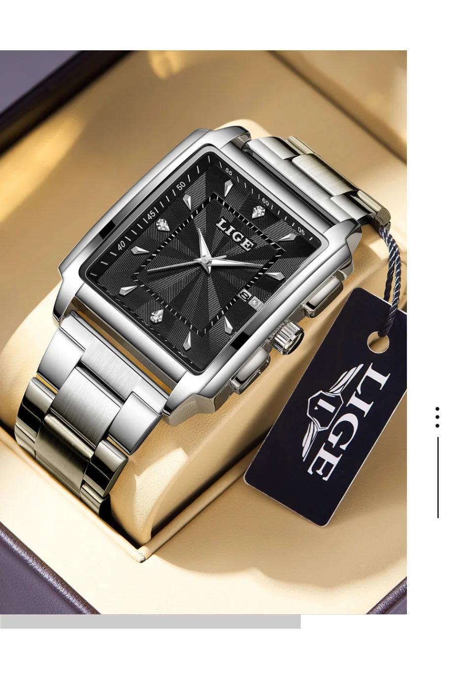⌚ LIGE Men’s Square Luxury Watch – Military Style, Waterproof Quartz Chronograph