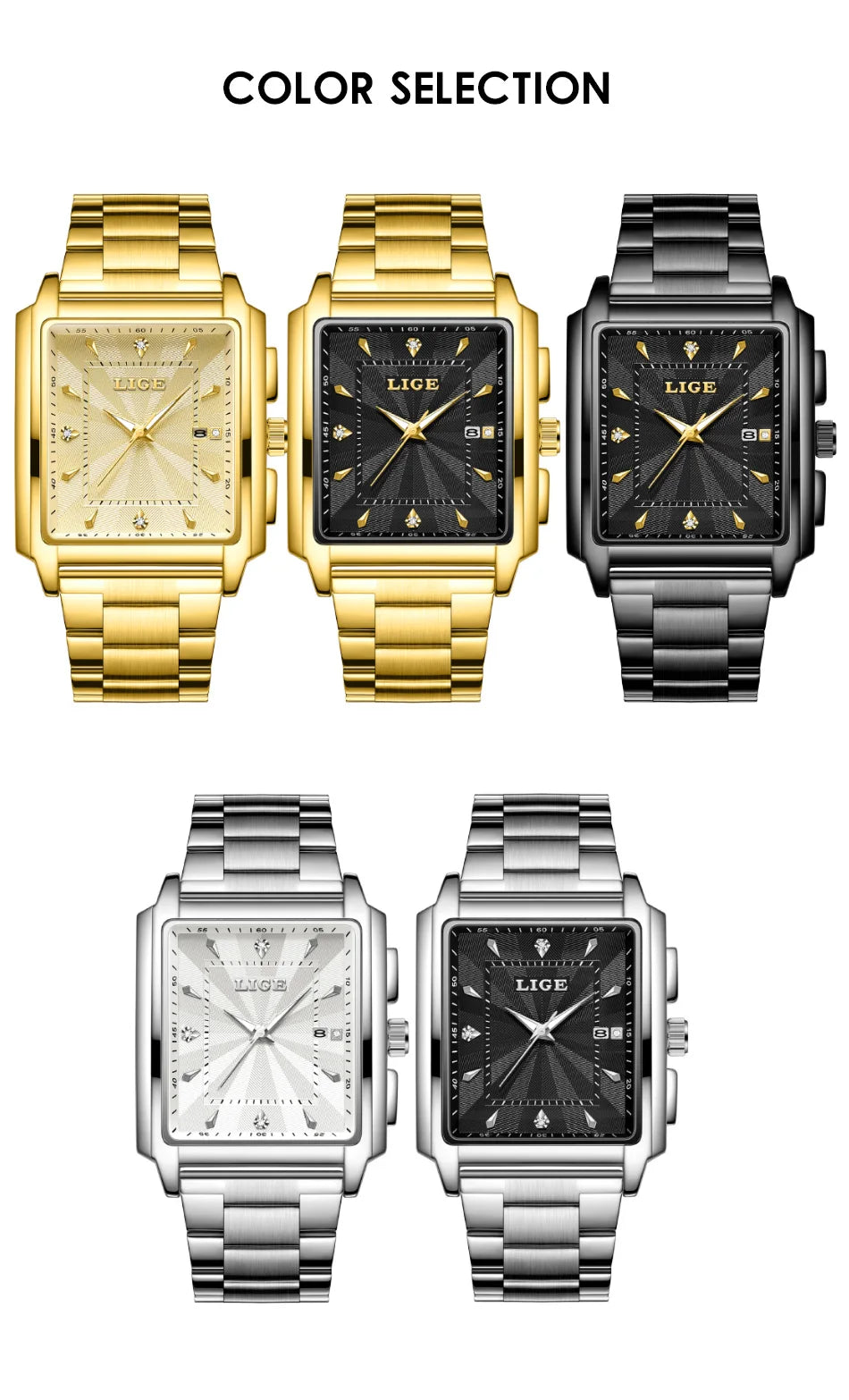 ⌚ LIGE Men’s Square Luxury Watch – Military Style, Waterproof Quartz Chronograph