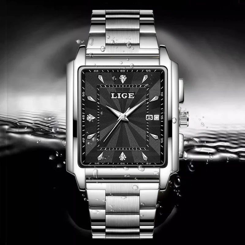 ⌚ LIGE Men’s Square Luxury Watch – Military Style, Waterproof Quartz Chronograph