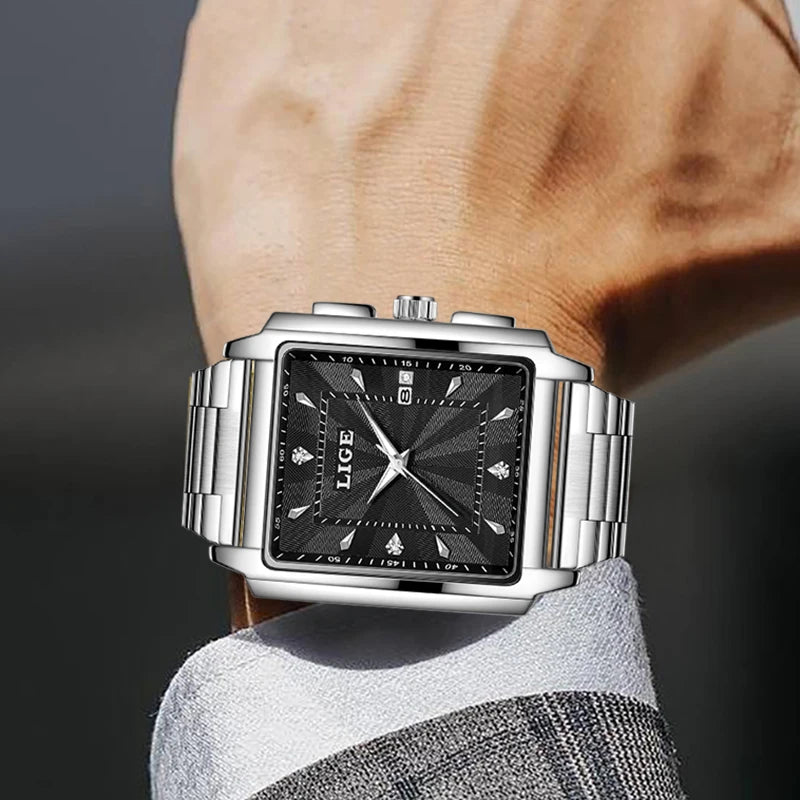 ⌚ LIGE Men’s Square Luxury Watch – Military Style, Waterproof Quartz Chronograph