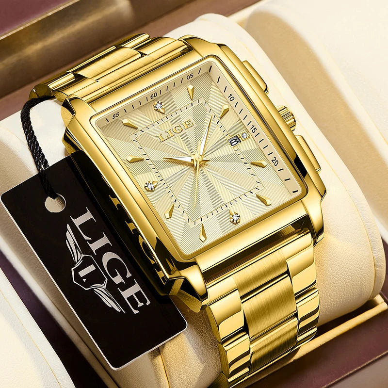 ⌚ LIGE Men’s Square Luxury Watch – Military Style, Waterproof Quartz Chronograph
