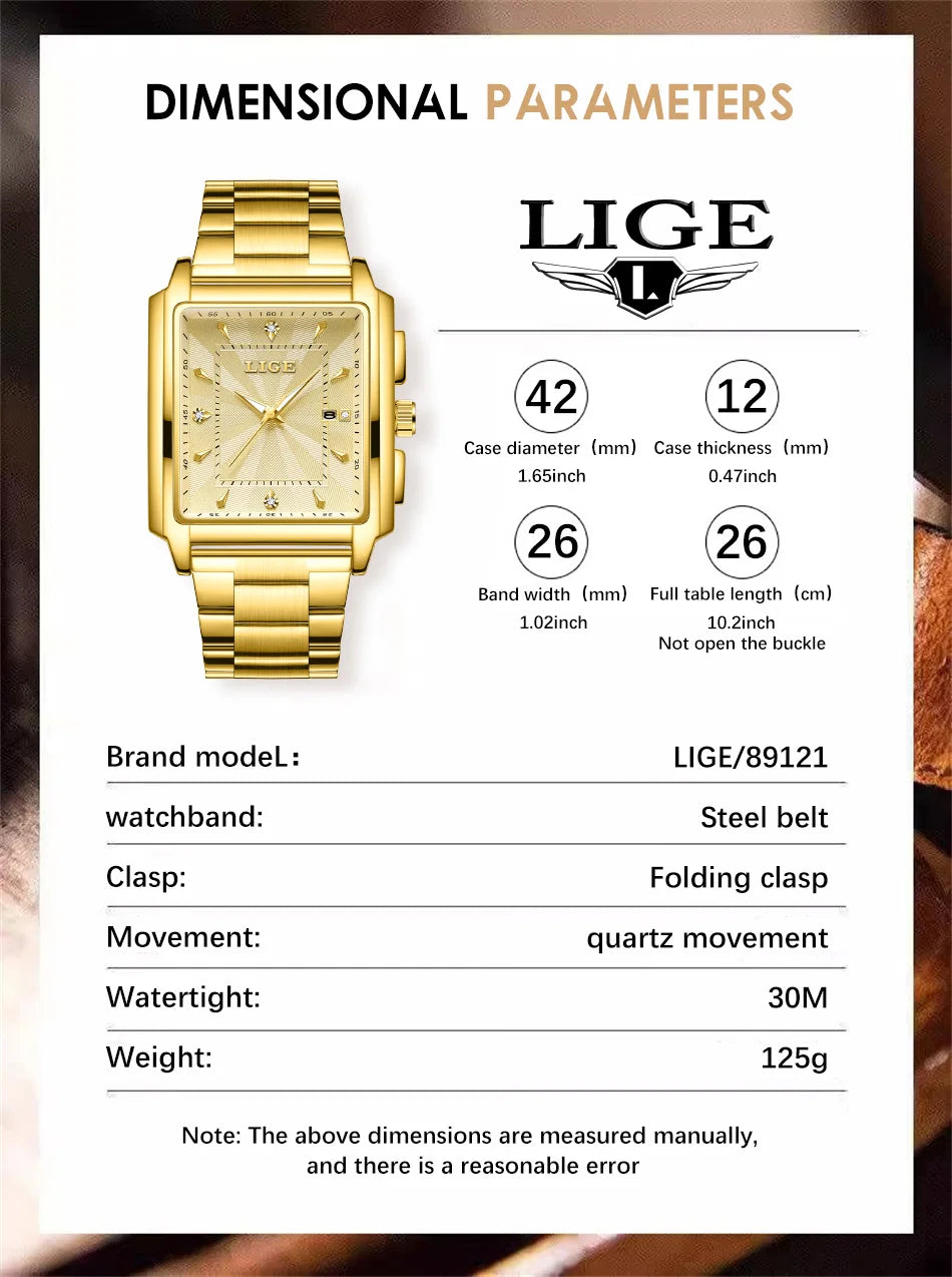 ⌚ LIGE Men’s Square Luxury Watch – Military Style, Waterproof Quartz Chronograph