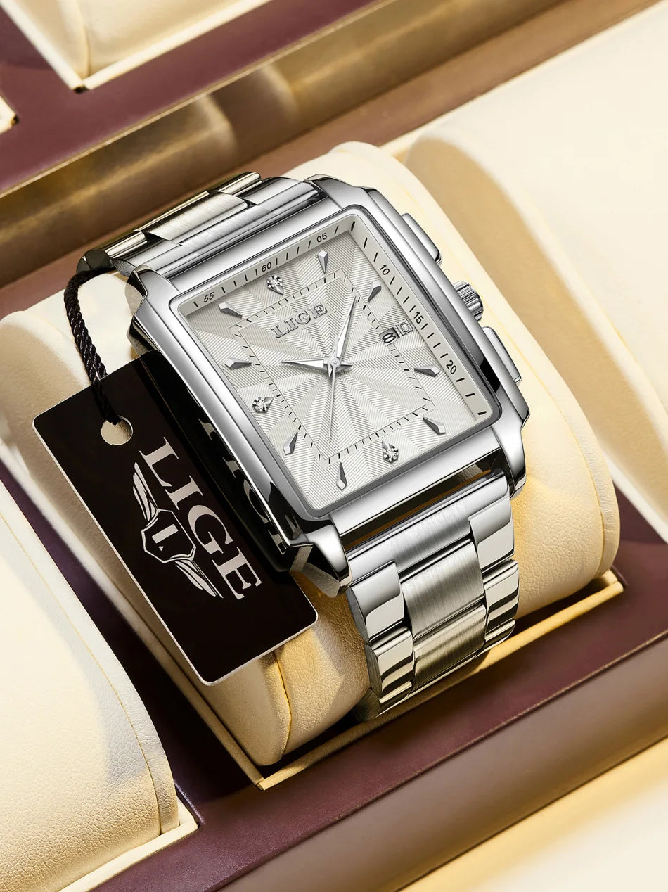 ⌚ LIGE Men’s Square Luxury Watch – Military Style, Waterproof Quartz Chronograph