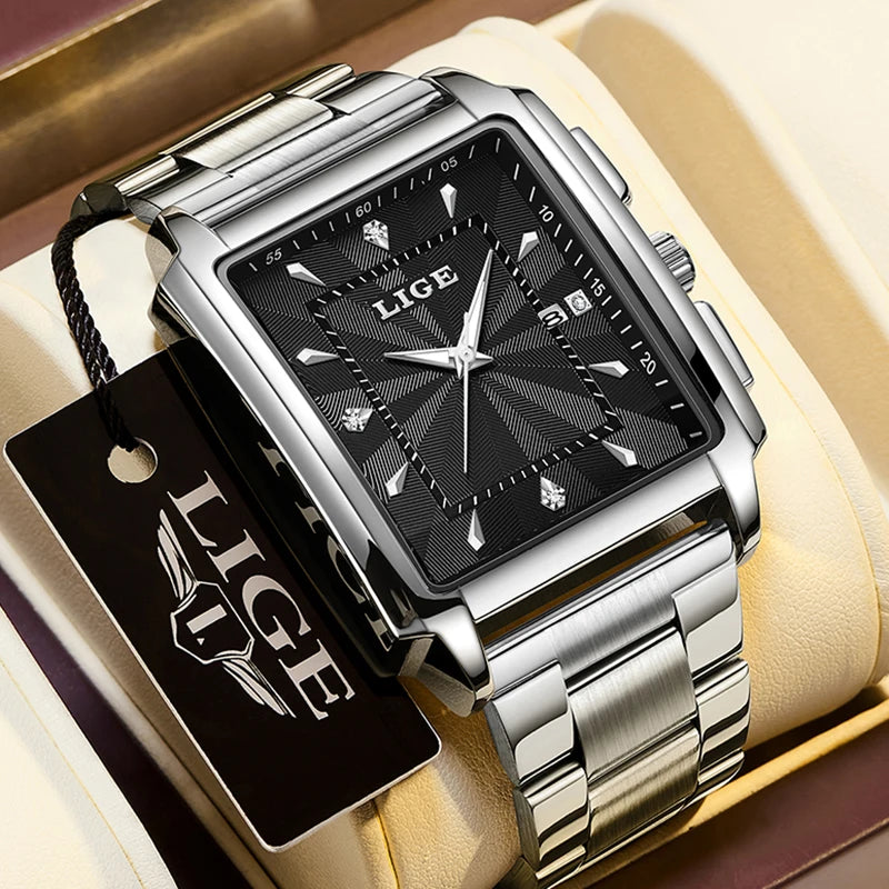 ⌚ LIGE Men’s Square Luxury Watch – Military Style, Waterproof Quartz Chronograph