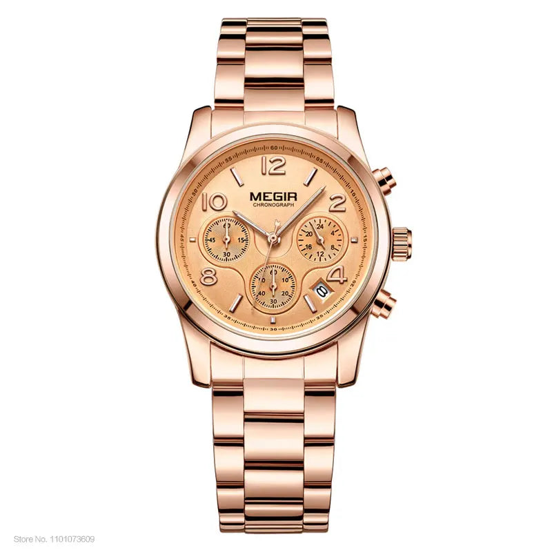 Megir Women’s Luxury Rose Gold Chronograph Watch – Premium Quartz Wristwatch