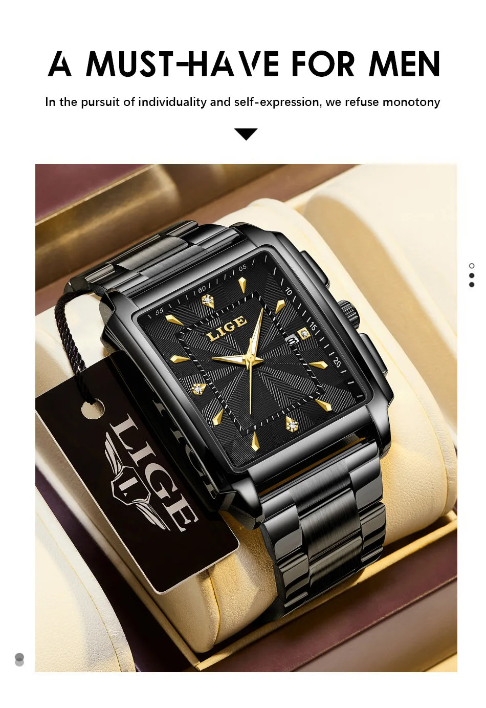 ⌚ LIGE Men’s Square Luxury Watch – Military Style, Waterproof Quartz Chronograph