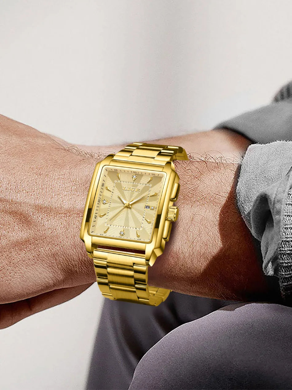 ⌚ LIGE Men’s Square Luxury Watch – Military Style, Waterproof Quartz Chronograph